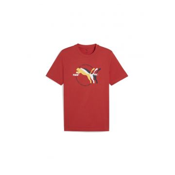 Tricou cu imprimeu logo si decolteu la baza gatului - Rosu/Negru/Portocaliu pal