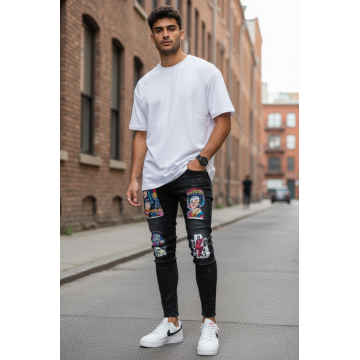 Blugi barbati conici negri cu stikere 1452 G4-3*