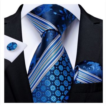 Set cravata albastra + batista + butoni - matase - model 238