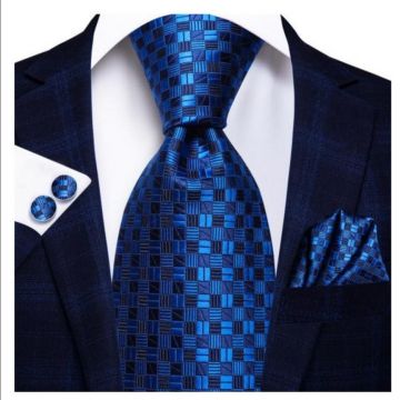 Set cravata albastra + batista + butoni - matase - model 34