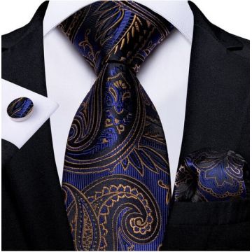 Set cravata albastra bleumarin cu auriu + batista + butoni - matase - model 374