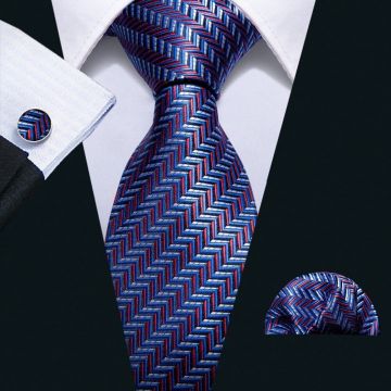 Set cravata albastra / multicolora + batista + butoni - matase - model 279