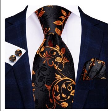 Set cravata auriu cu negru + batista + butoni - matase - model 239