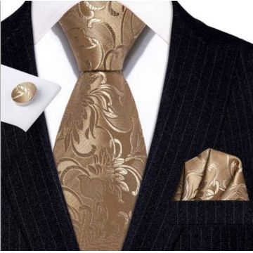 Set cravata auriu inchis + batista + butoni - matase - model 19