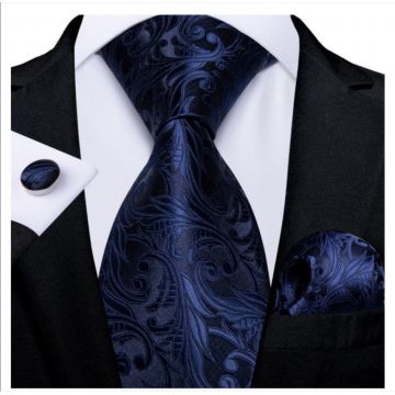 Set cravata bleumarin + batista + butoni - matase - model 132