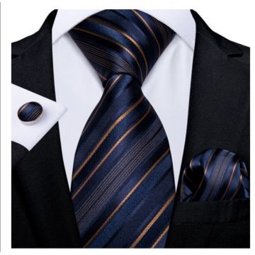 Set cravata bleumarin cu auriu + batista + butoni - matase - model 157