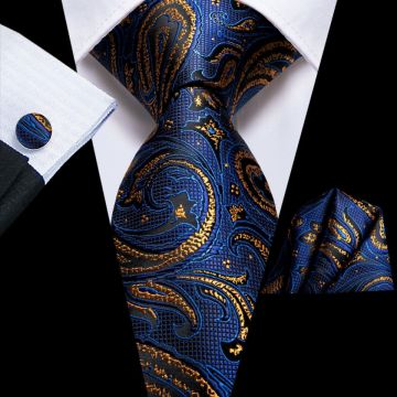Set cravata bleumarin cu auriu + batista + butoni - matase - model 31