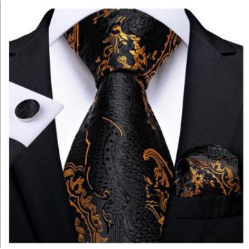 Set cravata neagra cu auriu + batista + butoni - matase - model 126