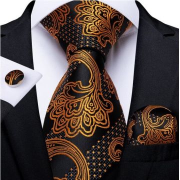 Set cravata neagra cu auriu + batista + butoni - matase - model 359