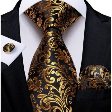 Set cravata neagra cu auriu + batista + butoni - matase - model 416