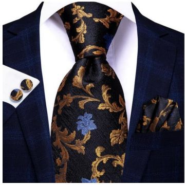 Set cravata neagra cu auriu + batista + butoni - matase - model 505