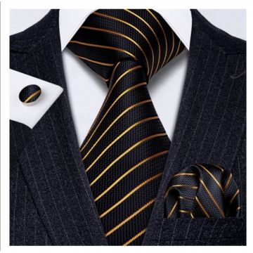 Set cravata neagra cu auriu + batista + butoni - matase - model 78