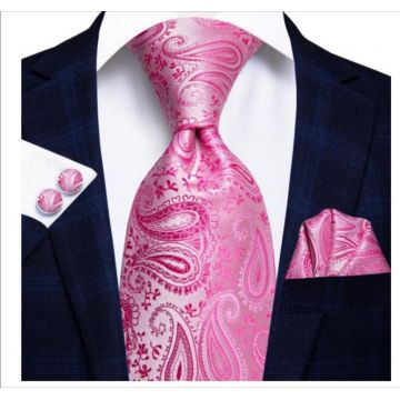 Set cravata roz + batista + butoni - matase - model 193