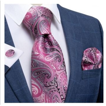 Set cravata roz + batista + butoni - matase - model 4