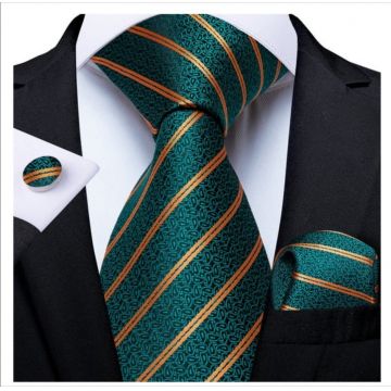 Set cravata verde + batista + butoni - matase - model 165