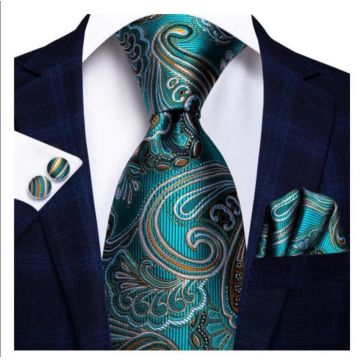 Set cravata verde turcoaz + batista + butoni - matase - model 14