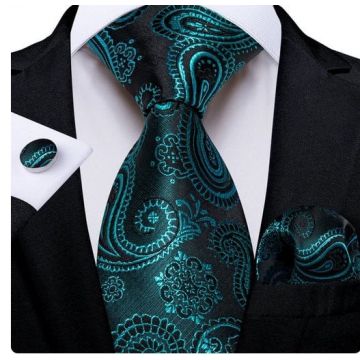 Set cravata cu turcoaz + batista + butoni - matase -- model 766 Set cravata cu turcoaz + batista + butoni - matase -- model 766