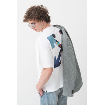 Tricou de bumbac cu logo si decolteu la baza gatului - Albastru pastel/Alb optic