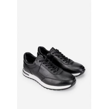 Pantofi barbati din piele naturala neagra cu talpa alba