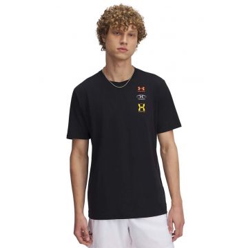 Tricou din amestec de bumbac cu decolteu la baza gatului si logo - Negru/Galben/Portocaliu