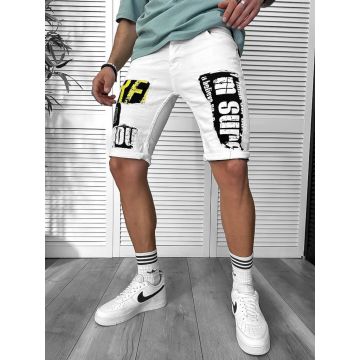 Blugi barbati scurti conici albi  cu stikere  4061 H6-5