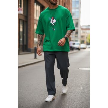 Tricou barbati verde  cu imprimeu pe spate  oversize 11825  P19-6.2