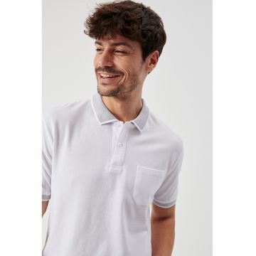 Tricou polo din material pique cu buzunar pe piept - Alb/Gri