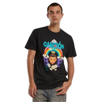 Tricou cu imprimeu grafic si decolteu la baza gatului