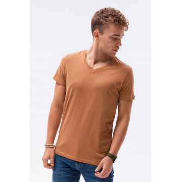 Tricou de bumbac cu decolteu in V - Caramel