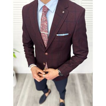 Sacou barbati slim fit  grena in carouri 3562