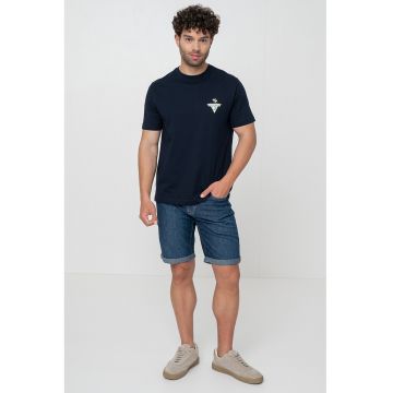 Tricou din bumbac cu decolteu la baza gatului si logo
