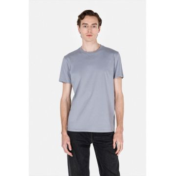Tricou din bumbac cu model uni si decolteu la baza gatului