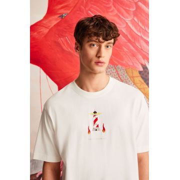 tricou din bumbac culoarea bej, cu imprimeu
