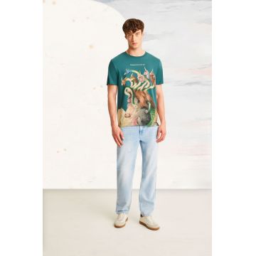 tricou din bumbac culoarea verde, cu imprimeu