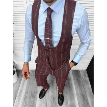 Compleu barbati  Vesta + Pantaloni grena B5517 Lant si cravata cadou Y8-3*