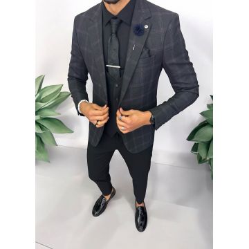 Sacou barbati slim fit gri in carouri 757