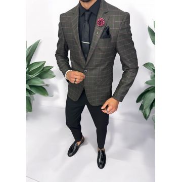 Sacou barbati slim fit kaki in carouri 784