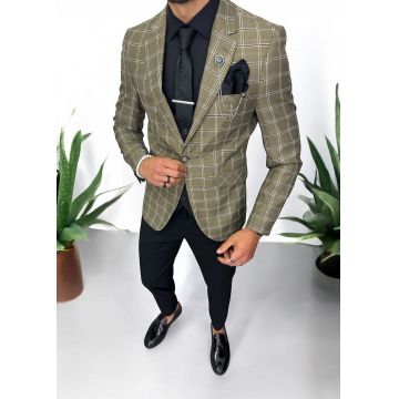 Sacou barbati slim fit kaki in carouri 875