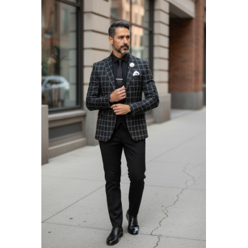 Sacou barbati slim fit negru in carouri 929 12-5.1
