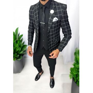 Sacou barbati slim fit negru in carouri 929