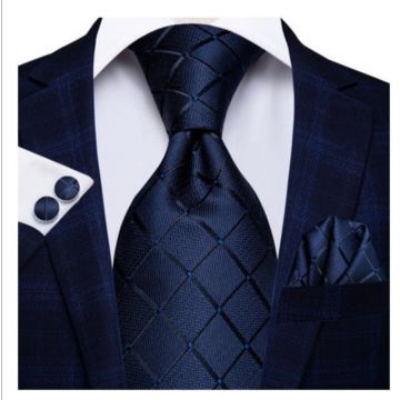 Set cravata bleumarin + batista + butoni - matase - model 36