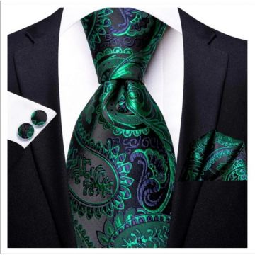 Set cravata verde + batista + butoni - matase - model 192