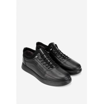 Pantofi barbati din piele neagra cu material textil
