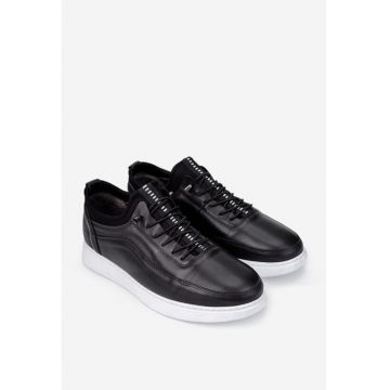 Pantofi barbati din piele neagra cu siret elastic