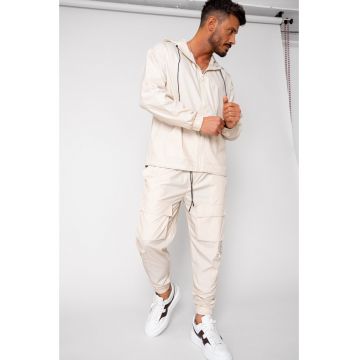 Set Windbreaker Jacheta cu fermoar si pantalon lung din fas Cream 15677