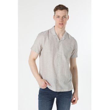Camasa din amestec de bumbac si in cu maneci scurte - Bej deschis