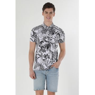 Tricou polo slim fit cu imprimeu - Alb/Negru