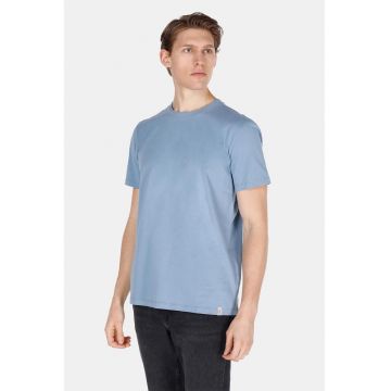 Tricou din bumbac cu model uni si decolteu la baza gatului