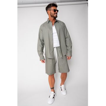 Set Lino camasa si pantalon scurt Dark Olive New 16956