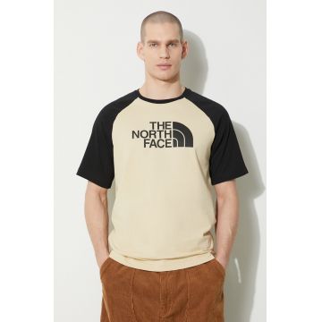 The North Face tricou din bumbac M S/S Raglan Easy Tee bărbați, culoarea bej, cu model, NF0A87N73X41